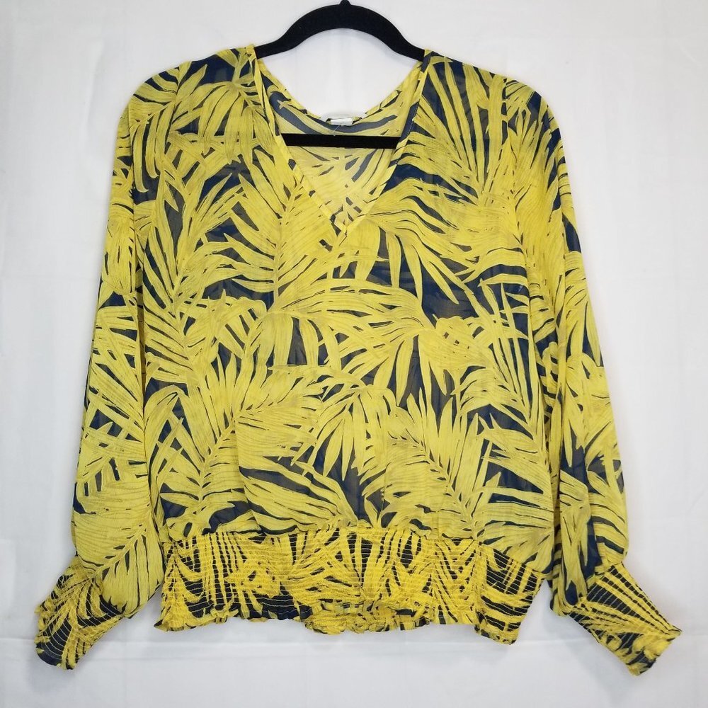 H&M palm leaf print blouse yellow size 8 S/M dolman sleeve sheer top v-neck